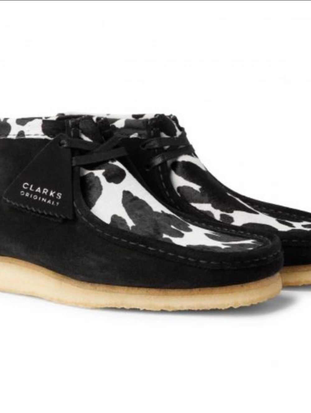 Clarks Black & White Cow Print Wallabee Wedge Shoes Size 7.5
